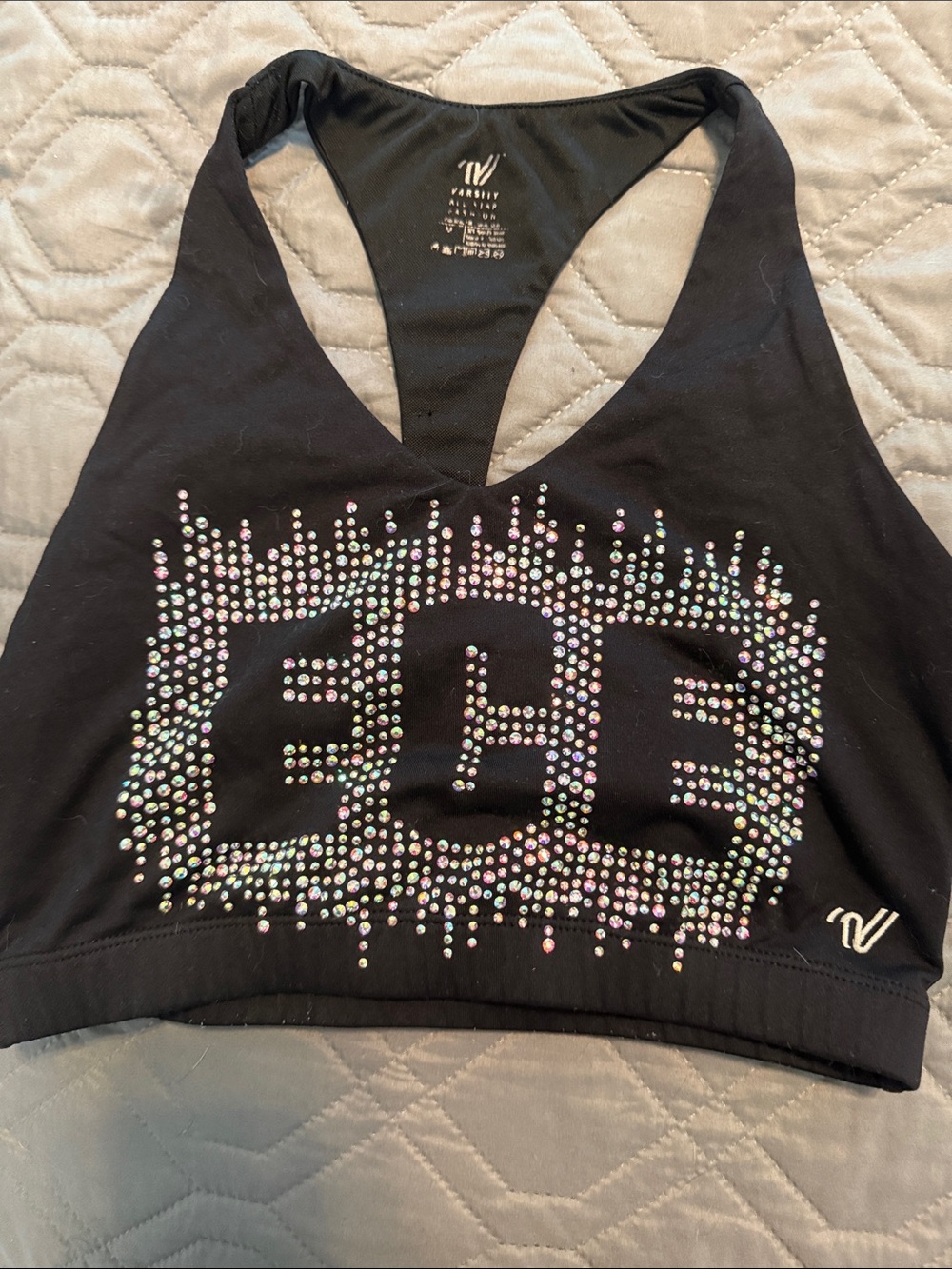 Varsity Black Crystal ECE Racerback Sports Bra